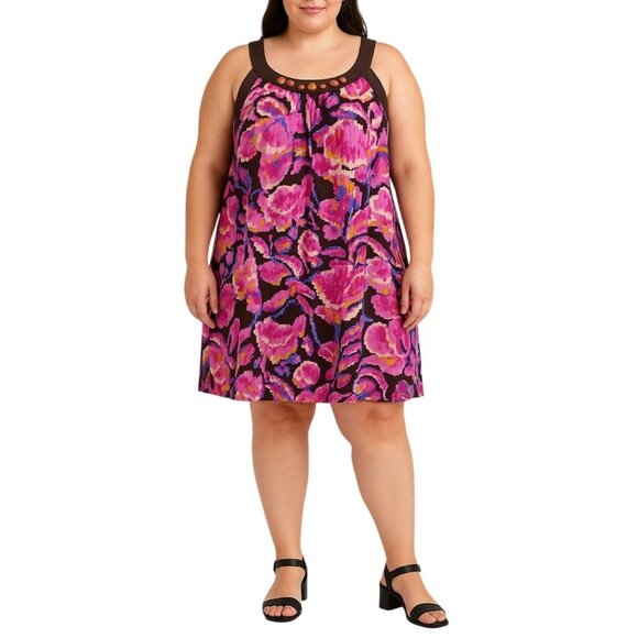 Colorful New Directions Sleeveless Floral Dress With Brown Beaded Neckline XL - Picture 1 of 6
